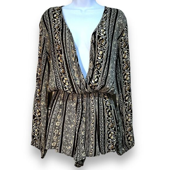 HONEY PUNCH Shorts Romper Black and Browns Deep Sexy V-Neck Size S - Picture 1 of 16